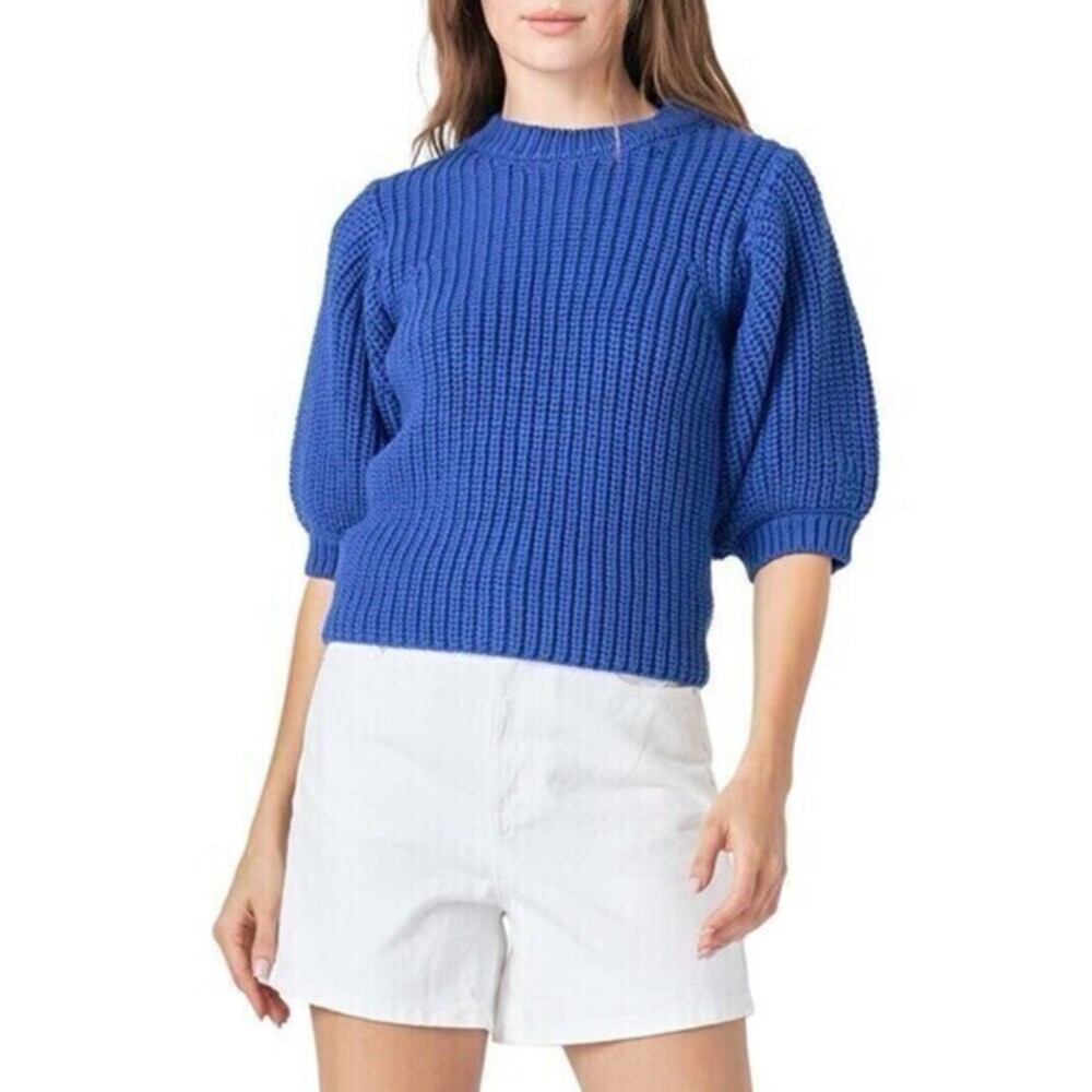 Callahan Puffed Sleeve Sweater Womens M Blue Chunky‎ Knit Oversize Casual Pullon